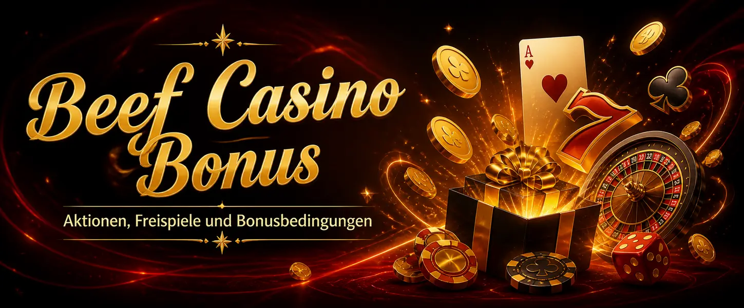 Beef Casino Bonus - Banner zu Aktionen, Freispielen und Bonusbedingungen