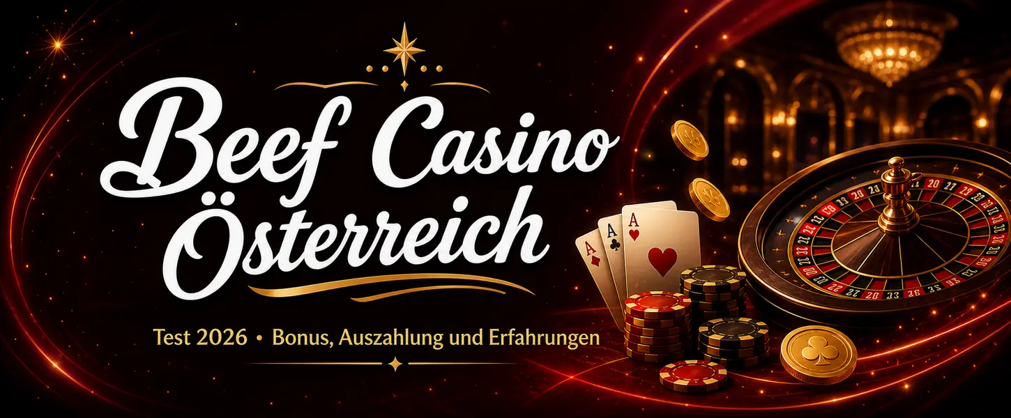 Beef Casino Österreich Test 2026 - dunkler Premium-Banner zum Casino-Review